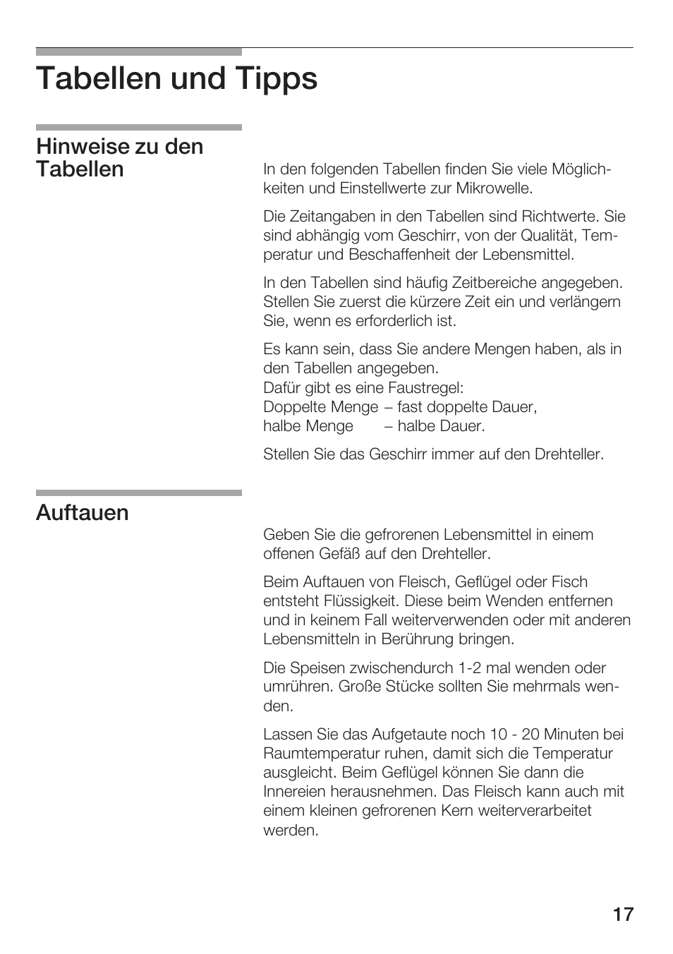 Tabellen und tipps, Hinweise zu den tabellen auftauen | Bosch HMT72G420 - weiß Mikrowellengerät mit Grill User Manual | Page 17 / 160