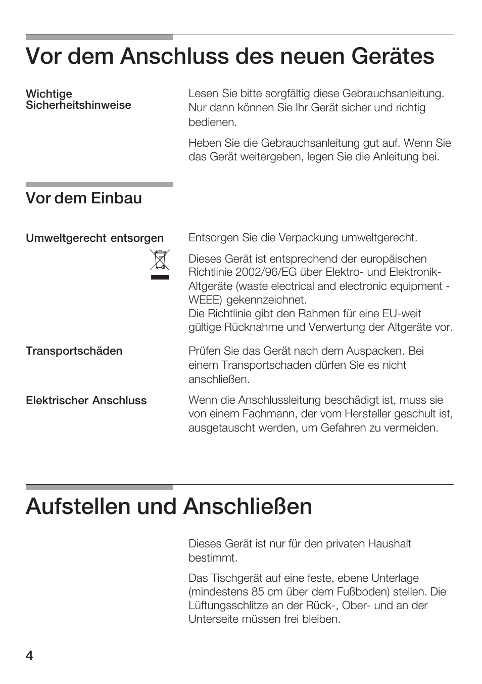 Vor dem anschluss des neuen gerätes, Aufstellen und anschließen, Vor dem einbau | Bosch HMT72G420 - weiß Mikrowellengerät mit Grill User Manual | Page 4 / 160