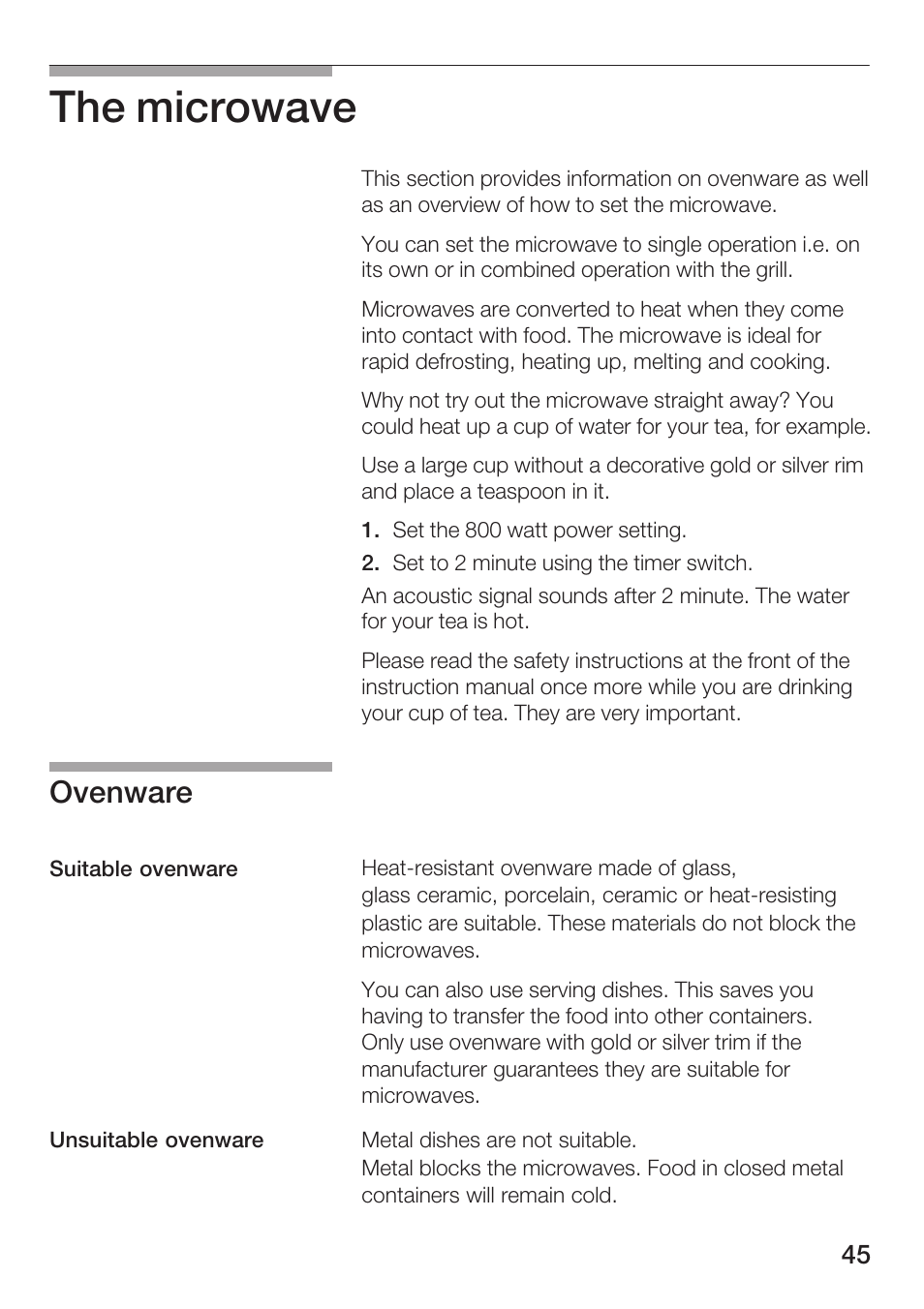 The microwave, Ovenware | Bosch HMT72G420 - weiß Mikrowellengerät mit Grill User Manual | Page 45 / 160