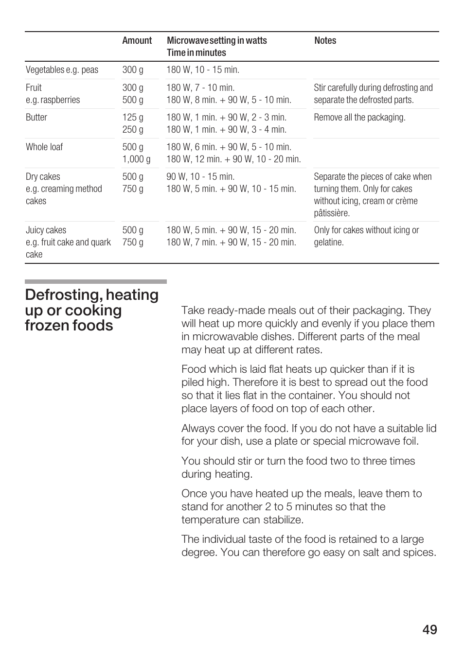 Defrosting, heating up or cooking frozen foods | Bosch HMT72G420 - weiß Mikrowellengerät mit Grill User Manual | Page 49 / 160