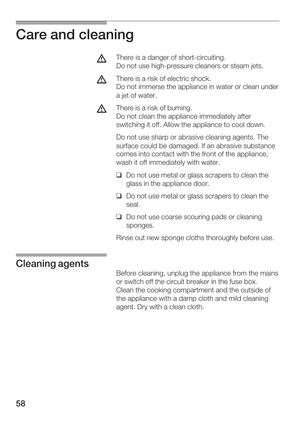 Care and cleaning, Cleaning agents | Bosch HMT72G420 - weiß Mikrowellengerät mit Grill User Manual | Page 58 / 160