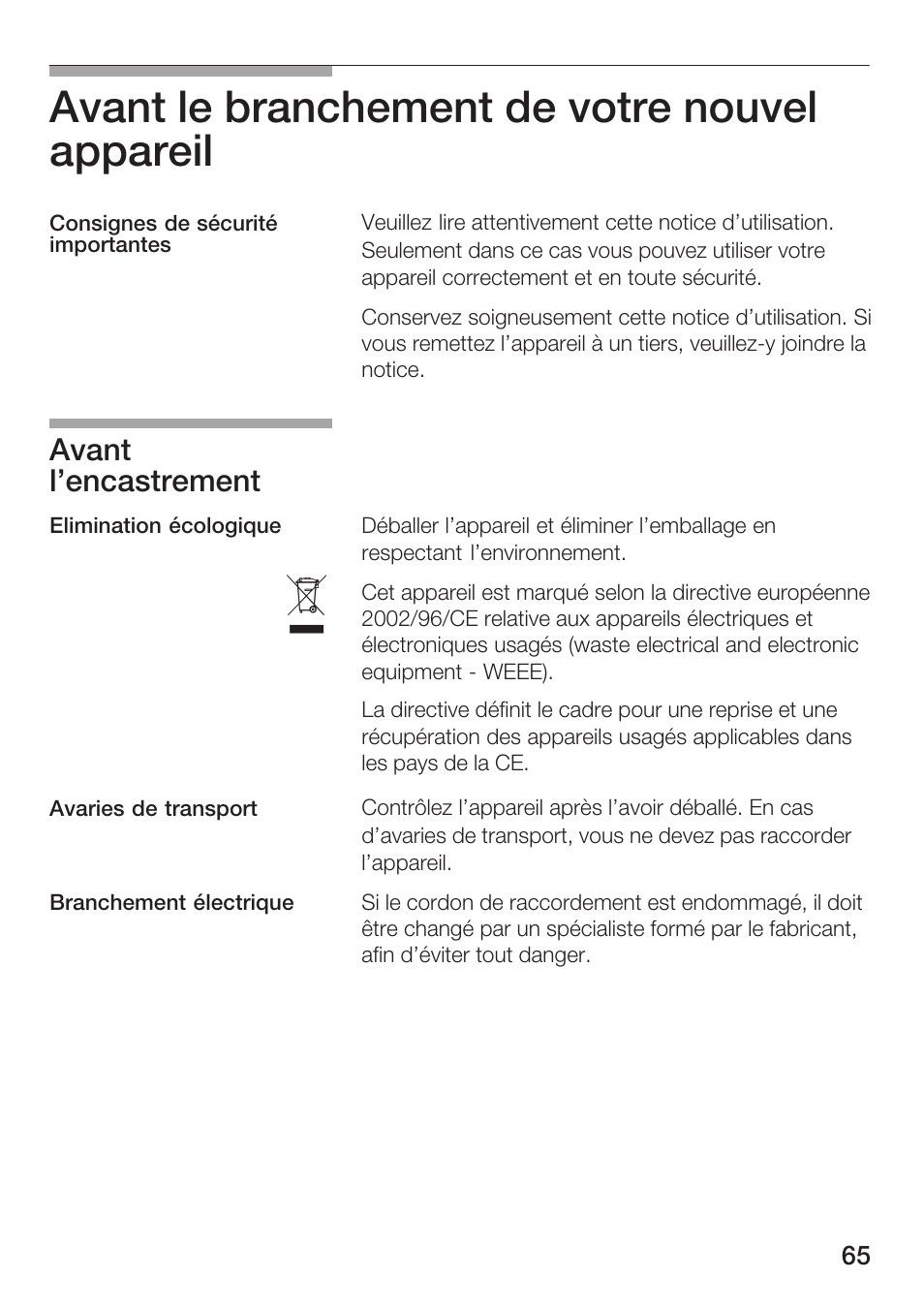 Avant le branchement de votre nouvel appareil, Avant l'encastrement | Bosch HMT72G420 - weiß Mikrowellengerät mit Grill User Manual | Page 65 / 160