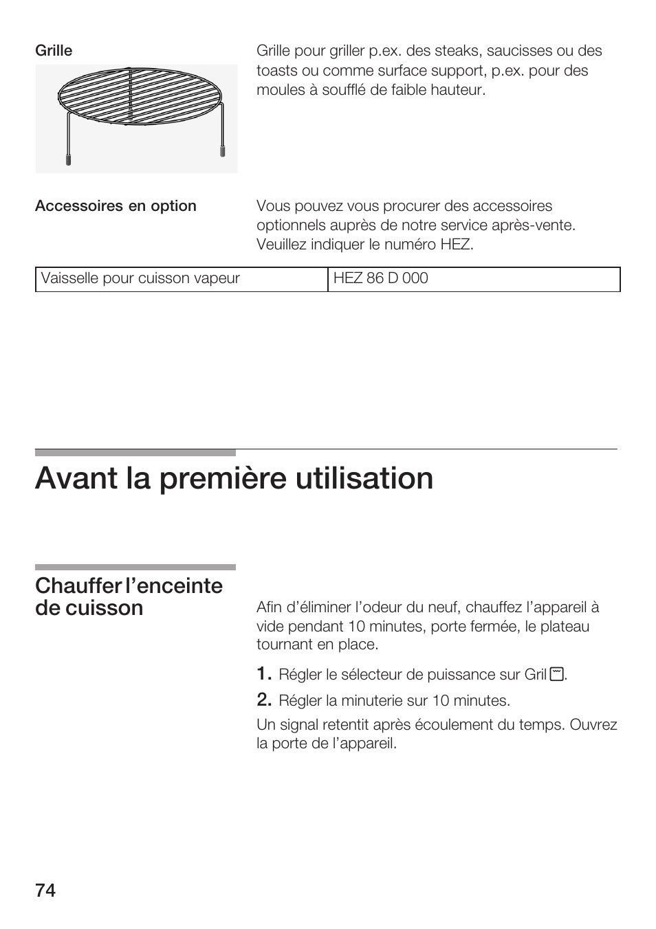 Avant la première utilisation, Chauffer l'enceinte de cuisson | Bosch HMT72G420 - weiß Mikrowellengerät mit Grill User Manual | Page 74 / 160