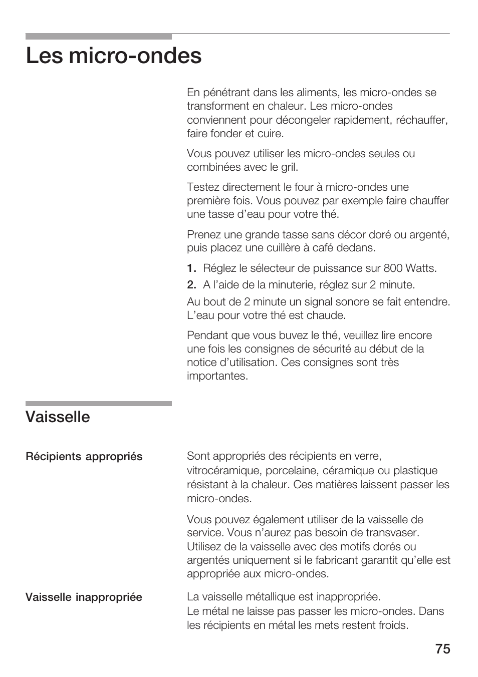 Les microćondes, Vaisselle | Bosch HMT72G420 - weiß Mikrowellengerät mit Grill User Manual | Page 75 / 160