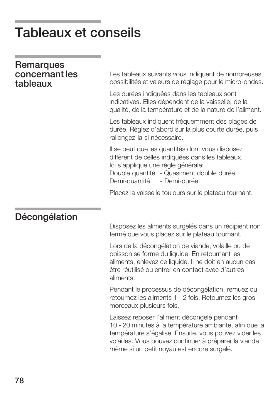 Tableaux et conseils, Remarques concernant les tableaux décongélation | Bosch HMT72G420 - weiß Mikrowellengerät mit Grill User Manual | Page 78 / 160