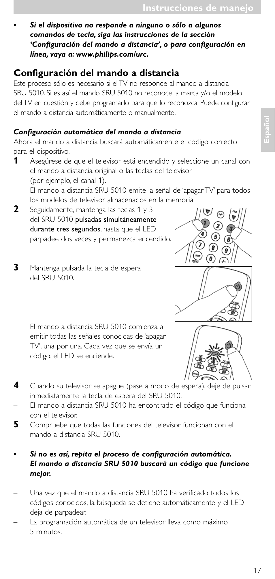 Instrucciones de manejo, Configuración del mando a distancia | Philips SRU5010 User Manual | Page 16 / 63
