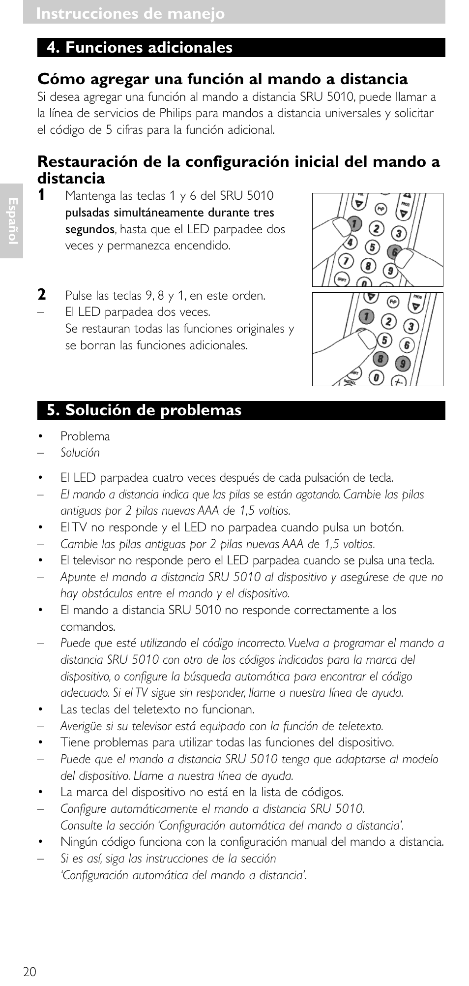 Instrucciones de manejo, Solución de problemas | Philips SRU5010 User Manual | Page 19 / 63