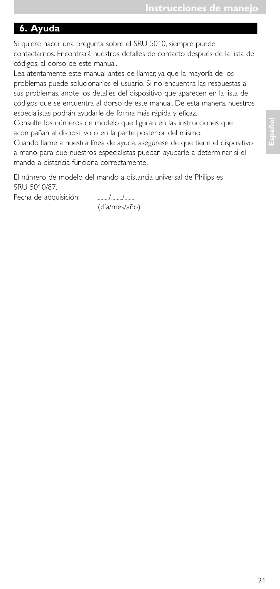 Instrucciones de manejo, Ayuda | Philips SRU5010 User Manual | Page 20 / 63