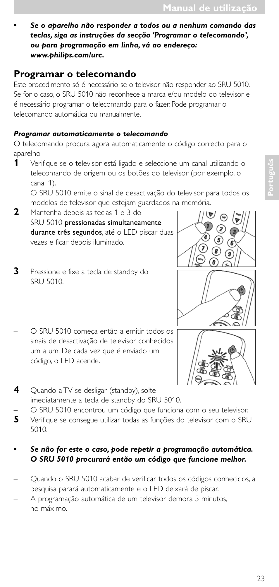 Manual de utilização, Programar o telecomando | Philips SRU5010 User Manual | Page 22 / 63