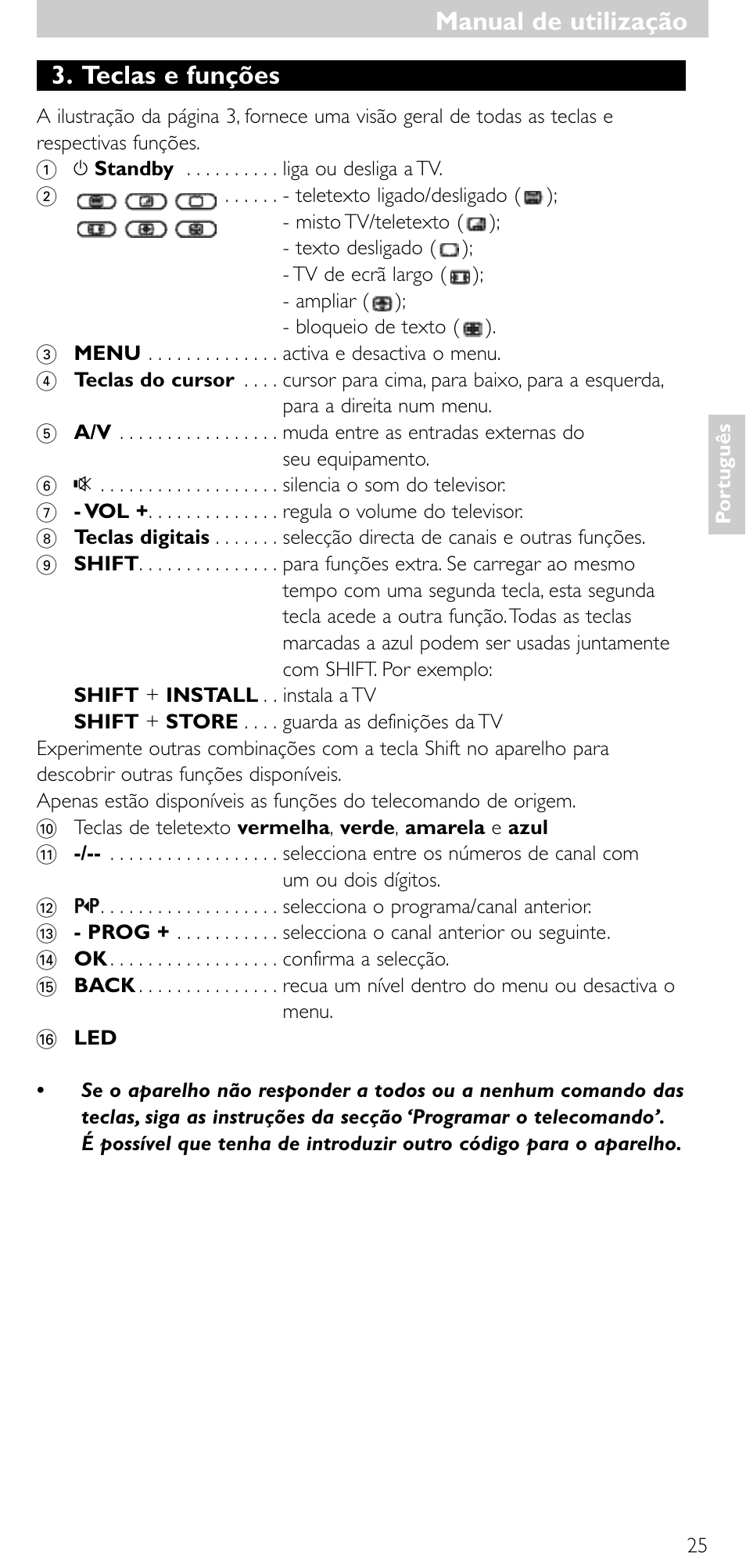 Manual de utilização, Teclas e funções | Philips SRU5010 User Manual | Page 24 / 63