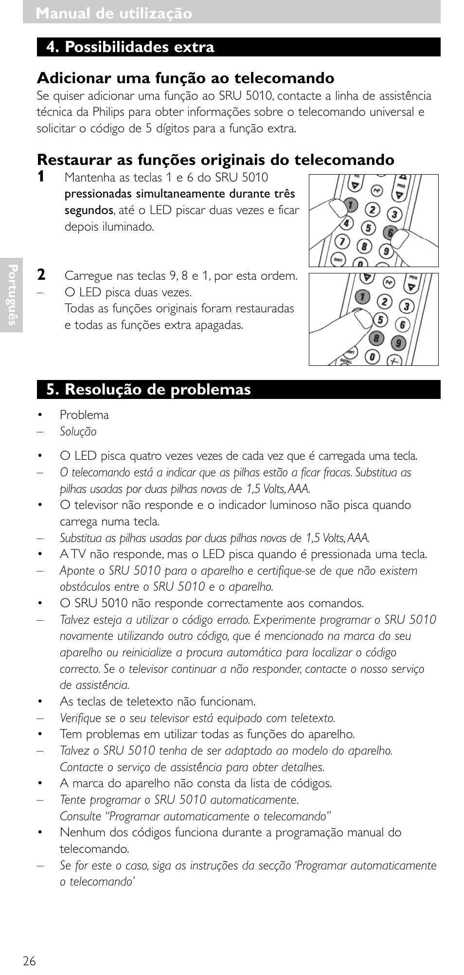 Manual de utilização, Restaurar as funções originais do telecomando 1, Resolução de problemas | Philips SRU5010 User Manual | Page 25 / 63