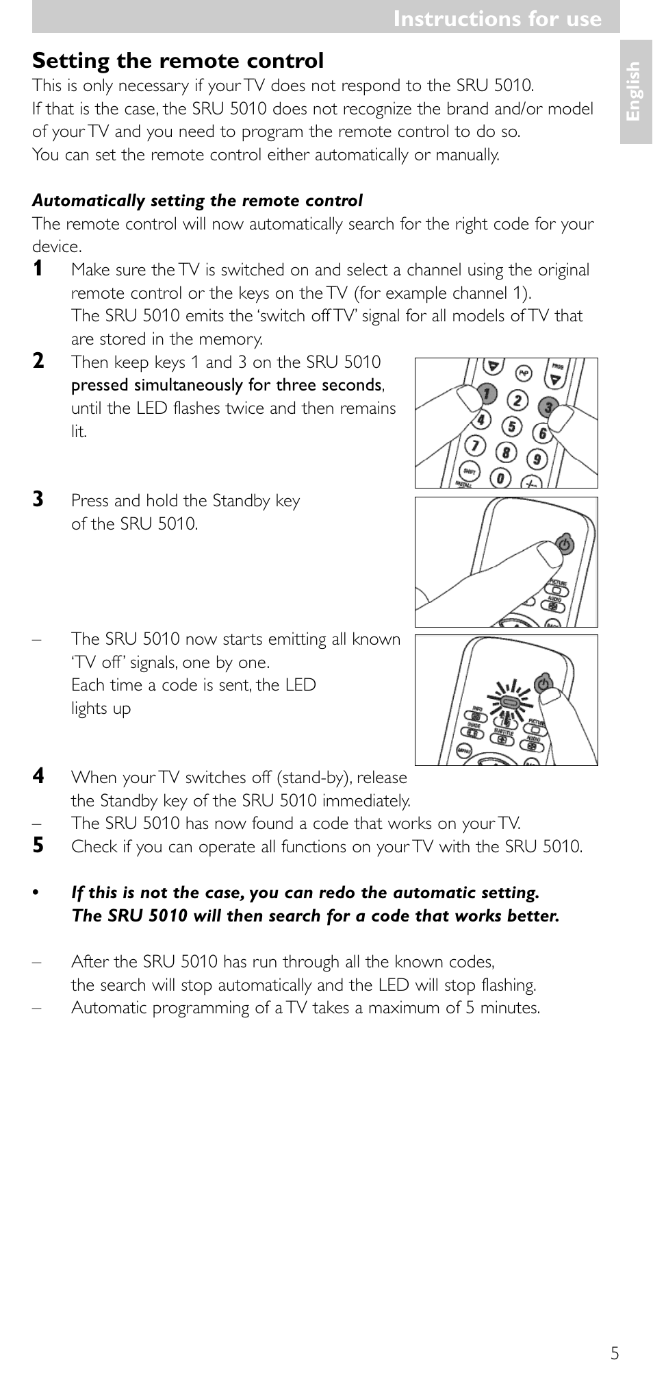 Instructions for use, Setting the remote control | Philips SRU5010 User Manual | Page 4 / 63