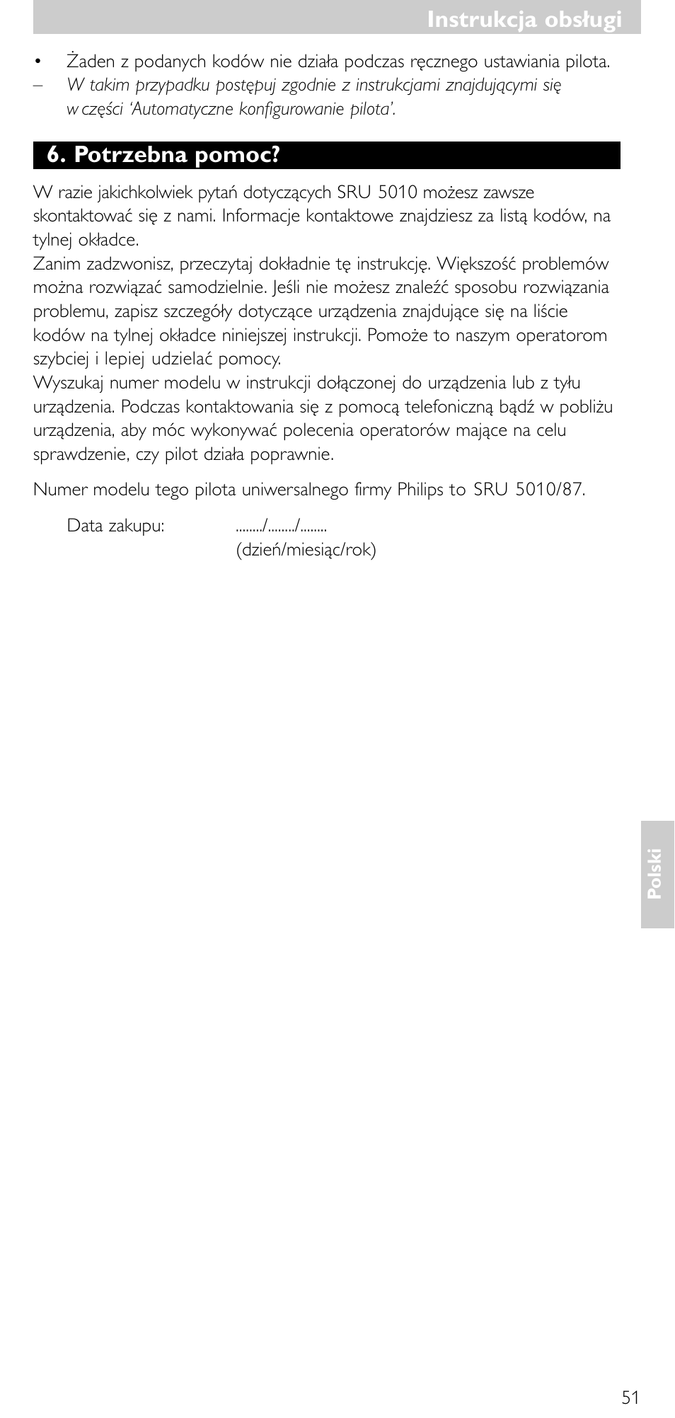 Instrukcja obsługi, Potrzebna pomoc | Philips SRU5010 User Manual | Page 50 / 63