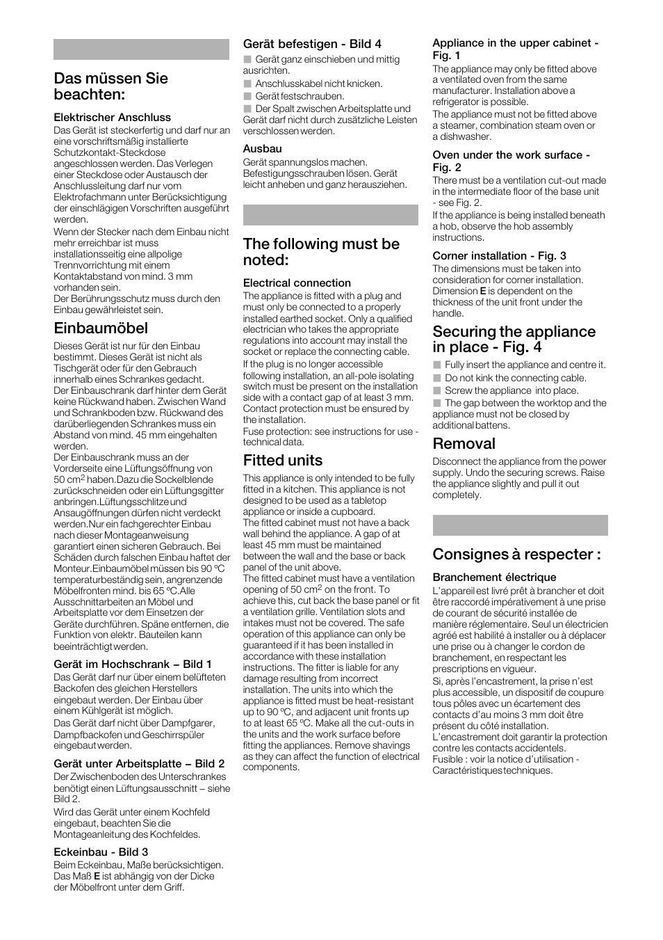 Das müssen sie beachten, Einbaumöbel, Fitted units | Securing the appliance in place ć fig. 4, Removal, Consignes à respecter | Bosch HMT35M653 Edelstahl Einbau-Mikrowellengerät User Manual | Page 4 / 12