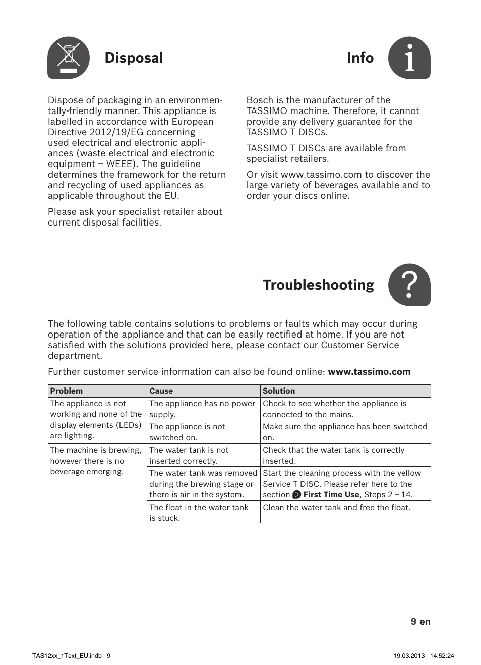 Disposal, Info, Troubleshooting | Bosch TASSIMO T12 TAS1204 User Manual | Page 11 / 58