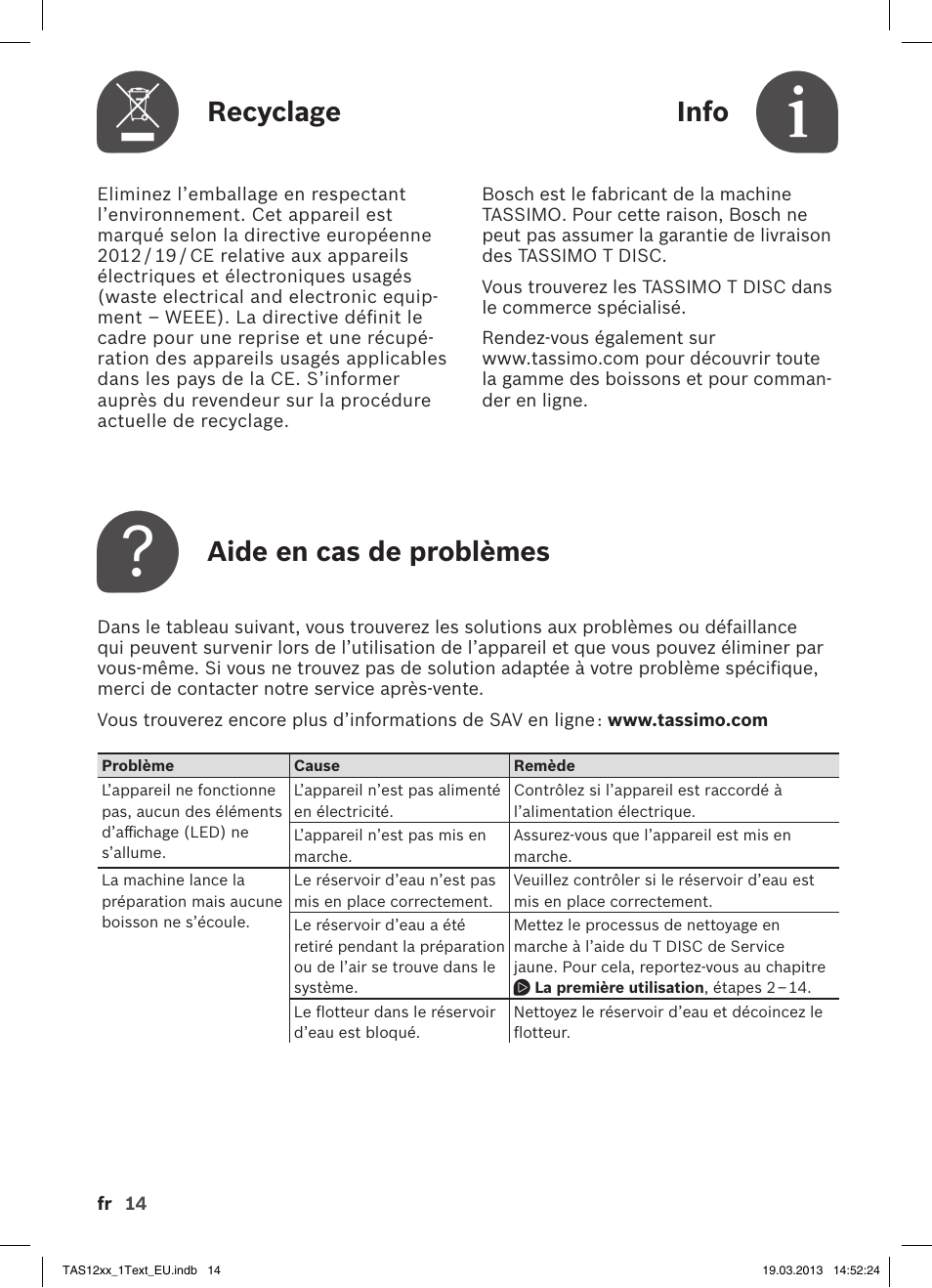 Recyclage, Info, Aide en cas de problèmes | Bosch TASSIMO T12 TAS1204 User Manual | Page 16 / 58