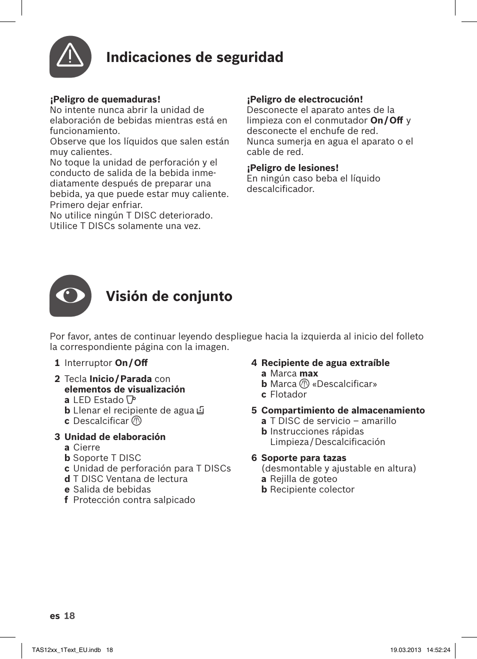 Visión de conjunto, Indicaciones de seguridad | Bosch TASSIMO T12 TAS1204 User Manual | Page 20 / 58