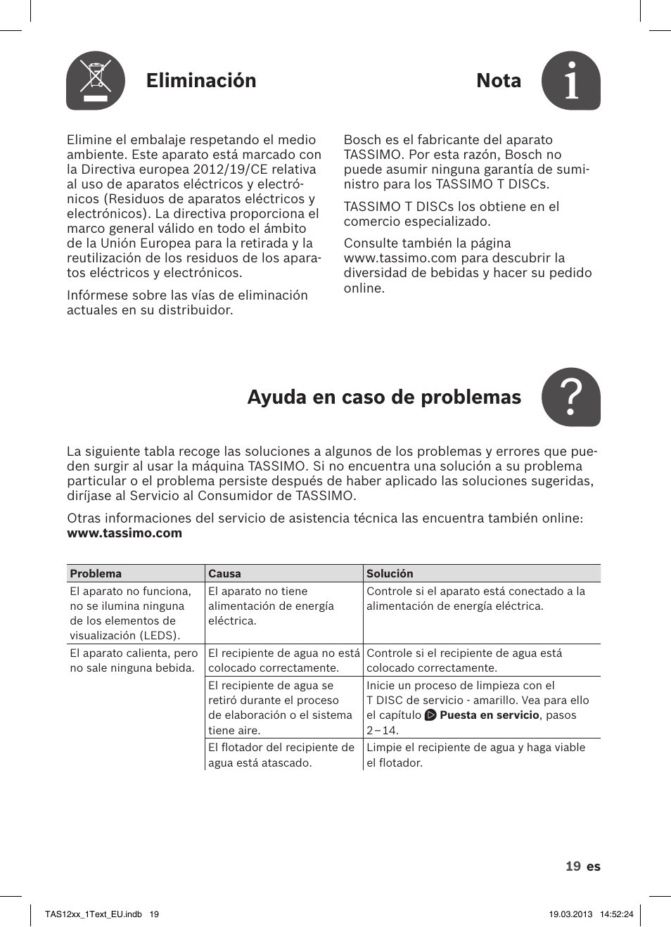 Eliminación, Nota, Ayuda en caso de problemas | Bosch TASSIMO T12 TAS1204 User Manual | Page 21 / 58
