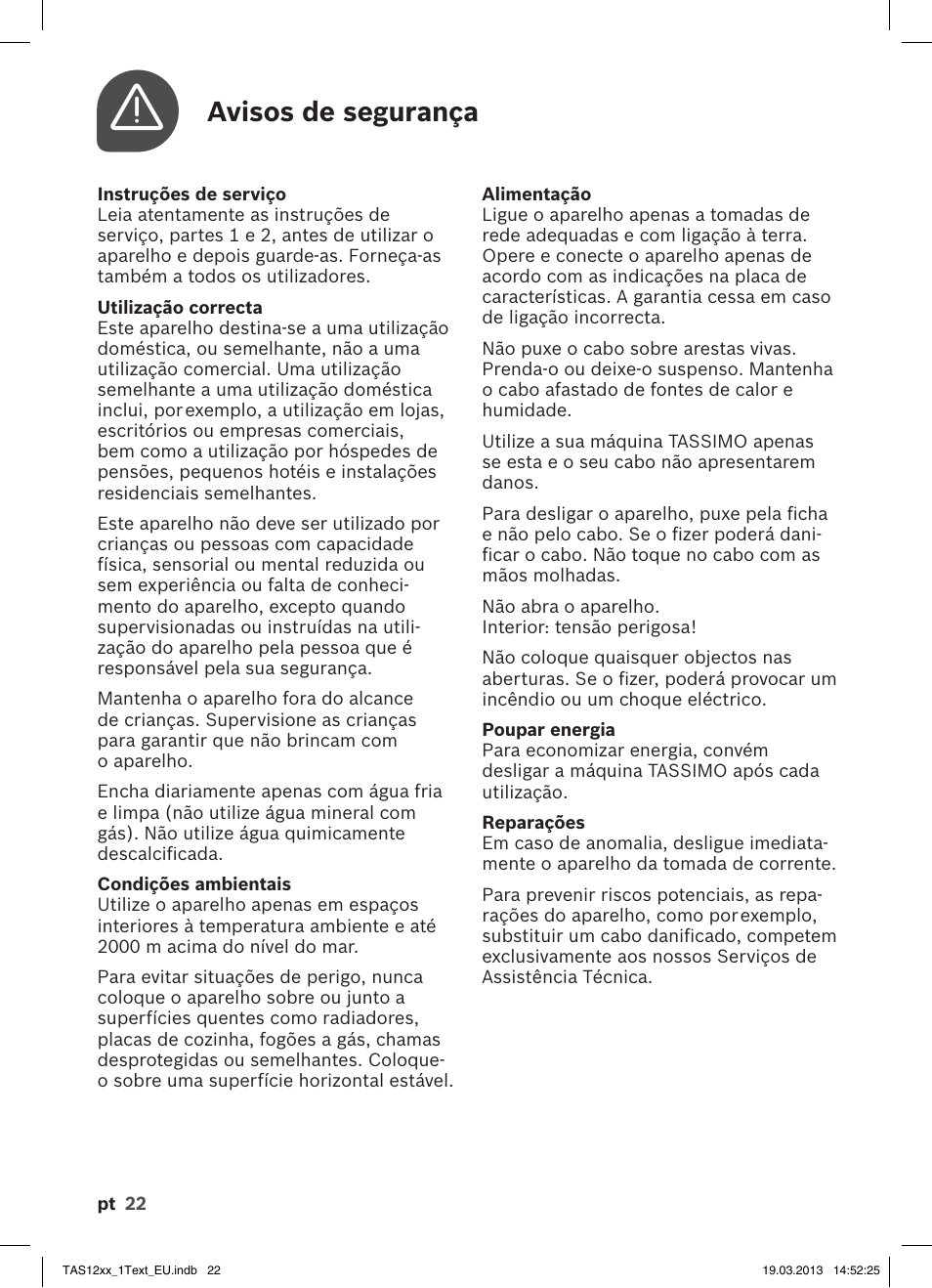 Avisos de segurança | Bosch TASSIMO T12 TAS1204 User Manual | Page 24 / 58