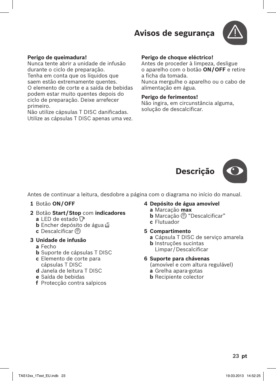 Descrição, Avisos de segurança | Bosch TASSIMO T12 TAS1204 User Manual | Page 25 / 58