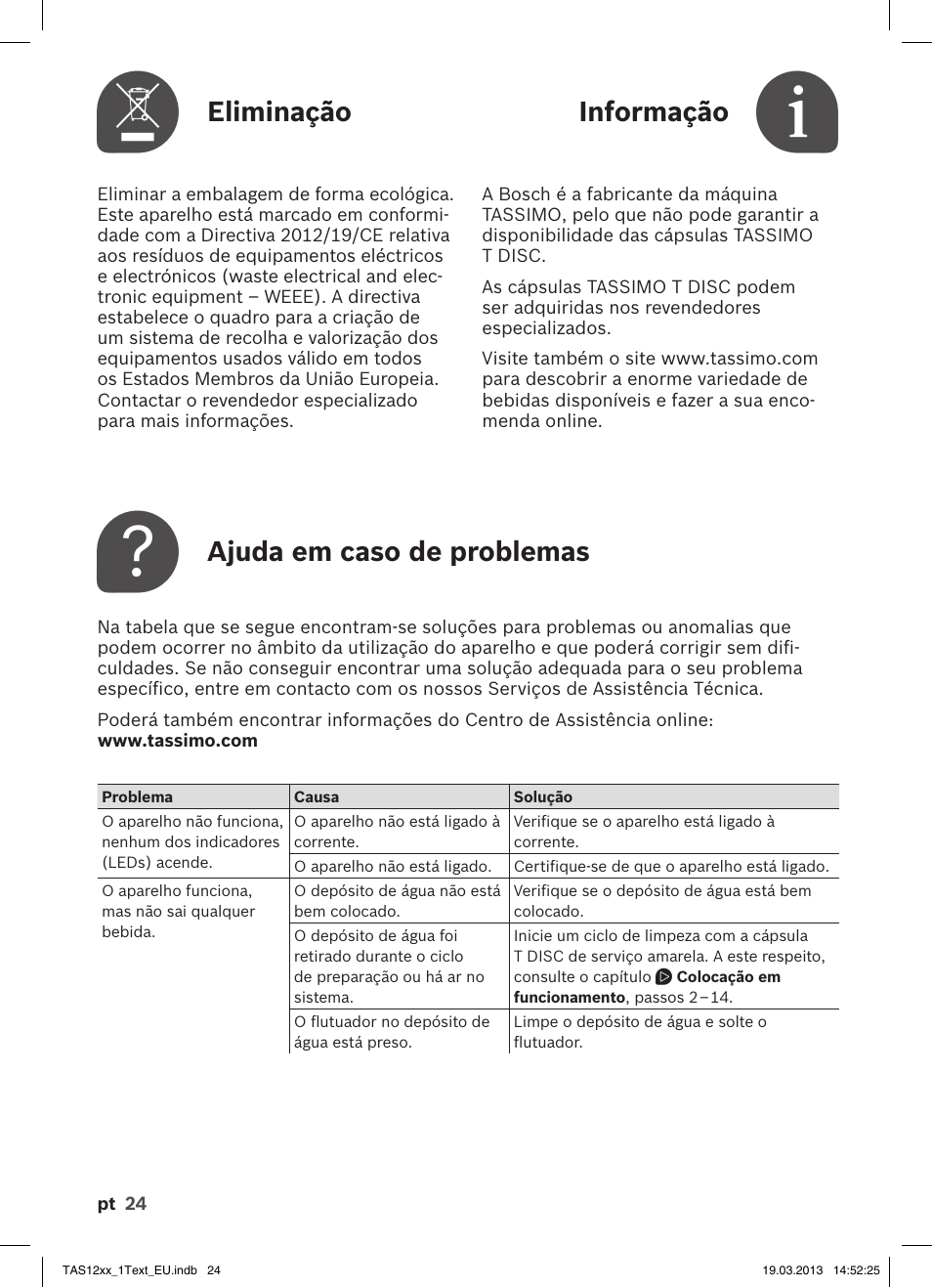 Eliminação, Informação, Ajuda em caso de problemas | Bosch TASSIMO T12 TAS1204 User Manual | Page 26 / 58