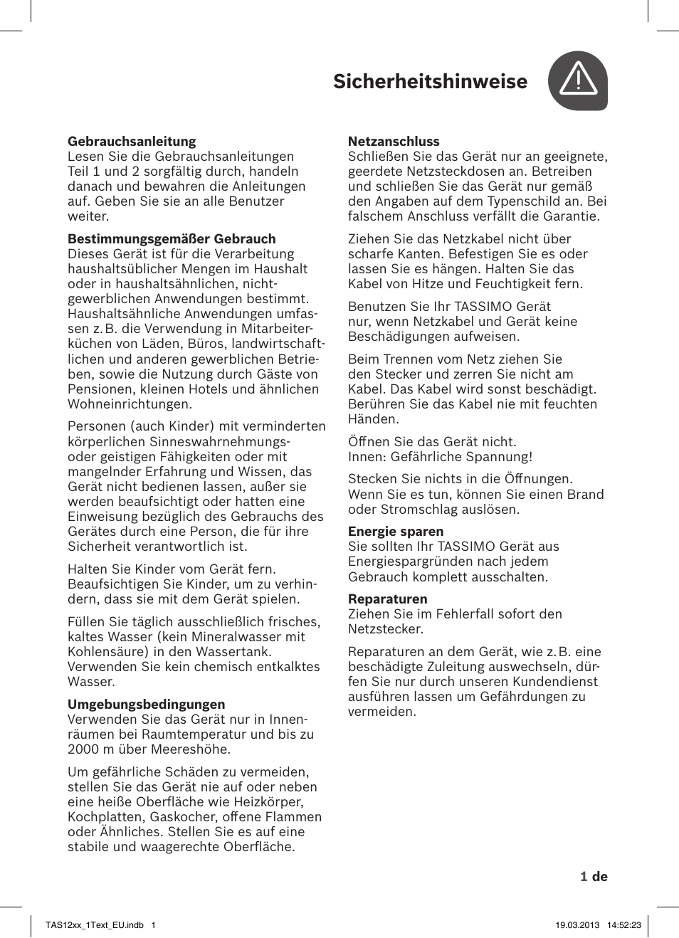 Sicherheitshinweise | Bosch TASSIMO T12 TAS1204 User Manual | Page 3 / 58