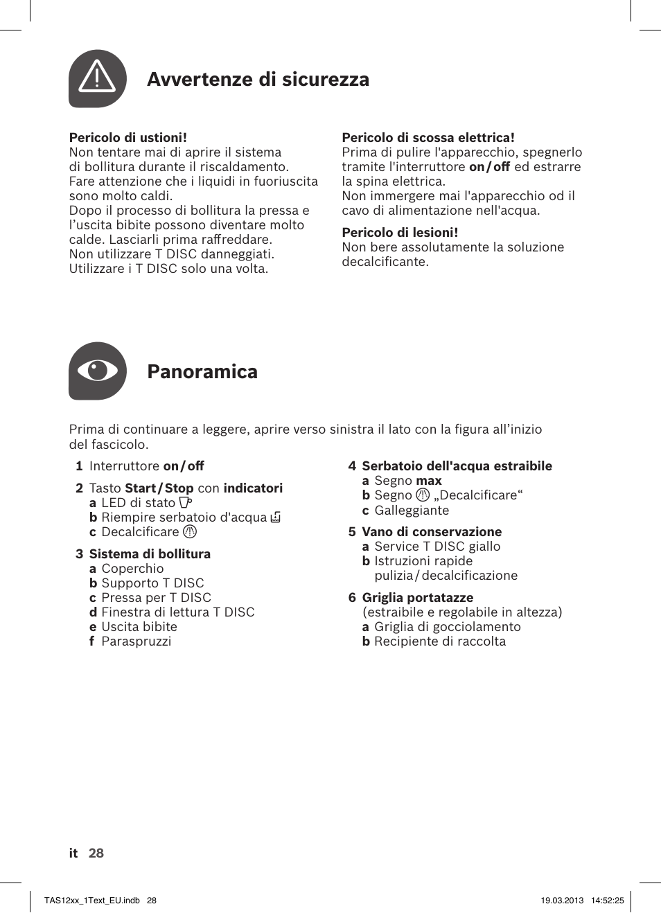 Panoramica, Avvertenze di sicurezza | Bosch TASSIMO T12 TAS1204 User Manual | Page 30 / 58