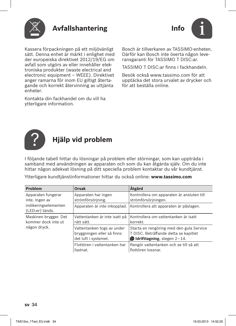 Avfallshantering, Info, Hjälp vid problem | Bosch TASSIMO T12 TAS1204 User Manual | Page 36 / 58