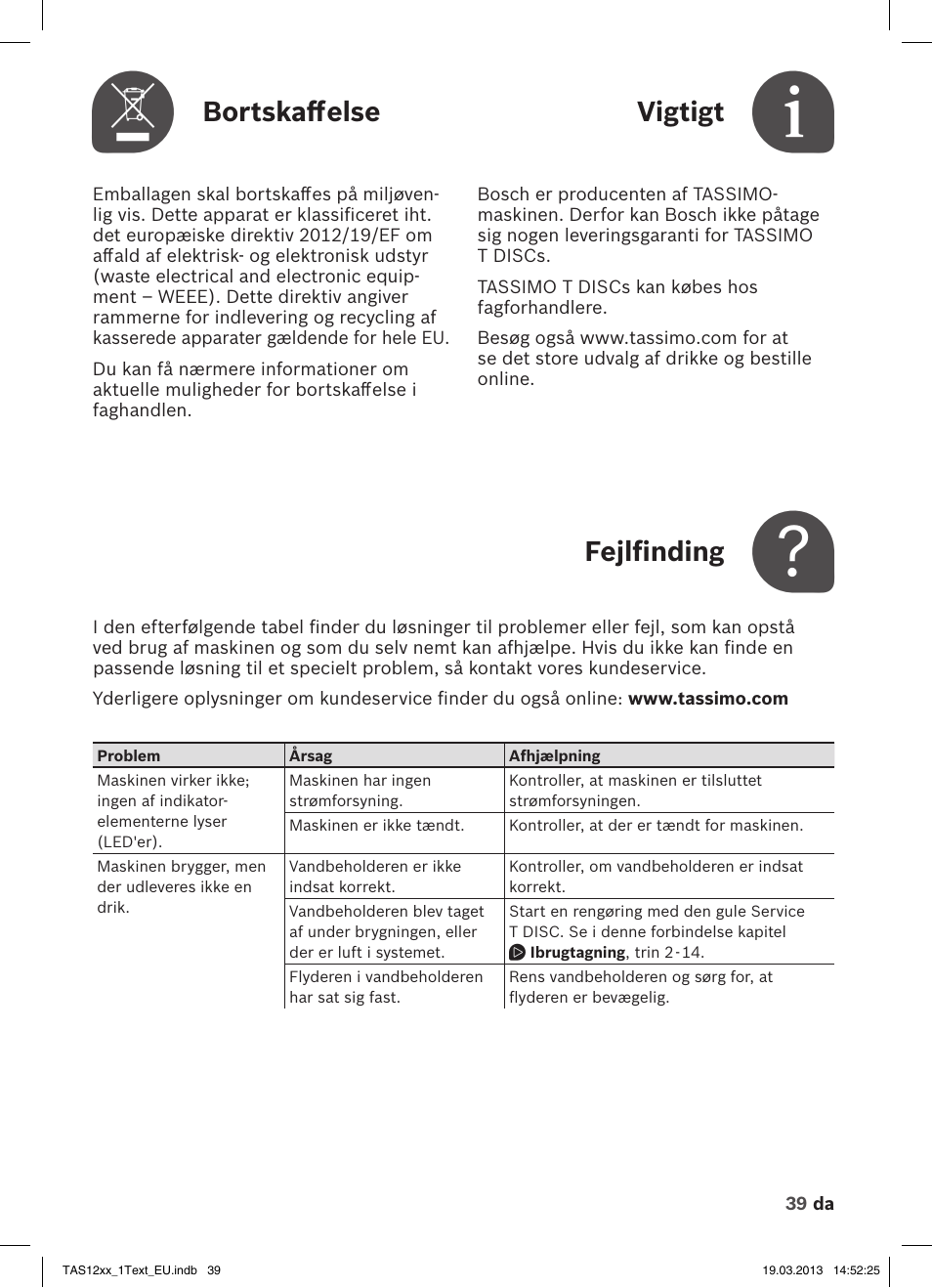 Bortskaffelse, Vigtigt, Fejlfinding | Bosch TASSIMO T12 TAS1204 User Manual | Page 41 / 58