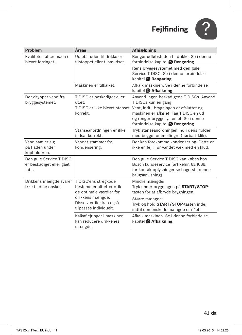 Fejlfinding | Bosch TASSIMO T12 TAS1204 User Manual | Page 43 / 58