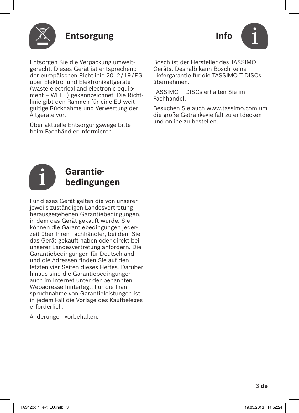 Entsorgung, Info, Garantie­ bedingungen | Bosch TASSIMO T12 TAS1204 User Manual | Page 5 / 58
