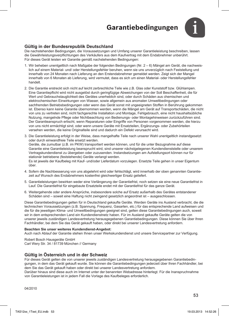 Garantiebedingungen | Bosch TASSIMO T12 TAS1204 User Manual | Page 55 / 58