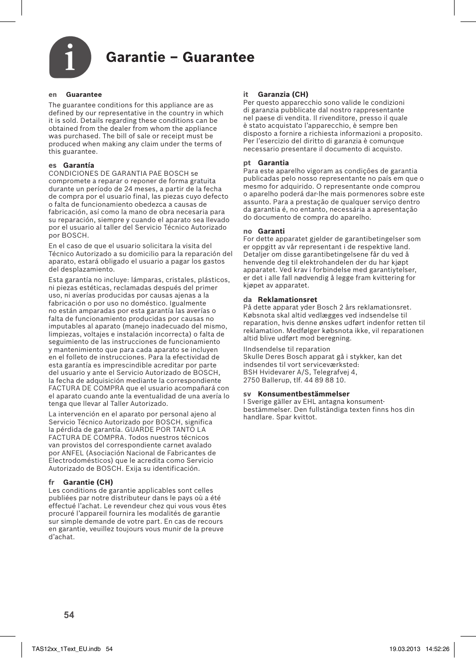 Garantie – guarantee | Bosch TASSIMO T12 TAS1204 User Manual | Page 56 / 58