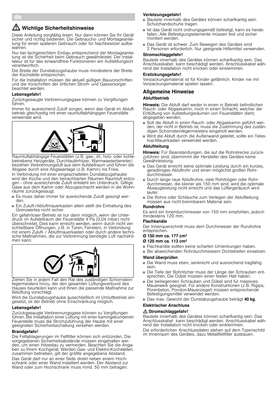 Wichtige sicherheitshinweise, Lebensgefahr, Brandgefahr | Verletzungsgefahr, Stromschlaggefahr, Erstickungsgefahr, Allgemeine hinweise, Abluftbetrieb, Hinweis, Abluftleitung | Bosch DWK09G660 User Manual | Page 4 / 12