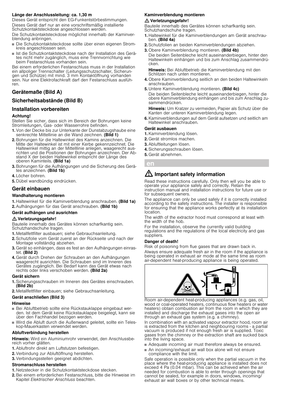 Länge der anschlussleitung: ca. 1,30 m, Gerätemaße (bild a), Sicherheitsabstände (bild b) | Installation vorbereiten, Achtung, Löcher bohren, Dübel wandbündig eindrücken, Gerät einbauen, Wandhalterung montieren, Aufhängungen für das gerät anschrauben. (bild 1b) | Bosch DWK09G660 User Manual | Page 5 / 12