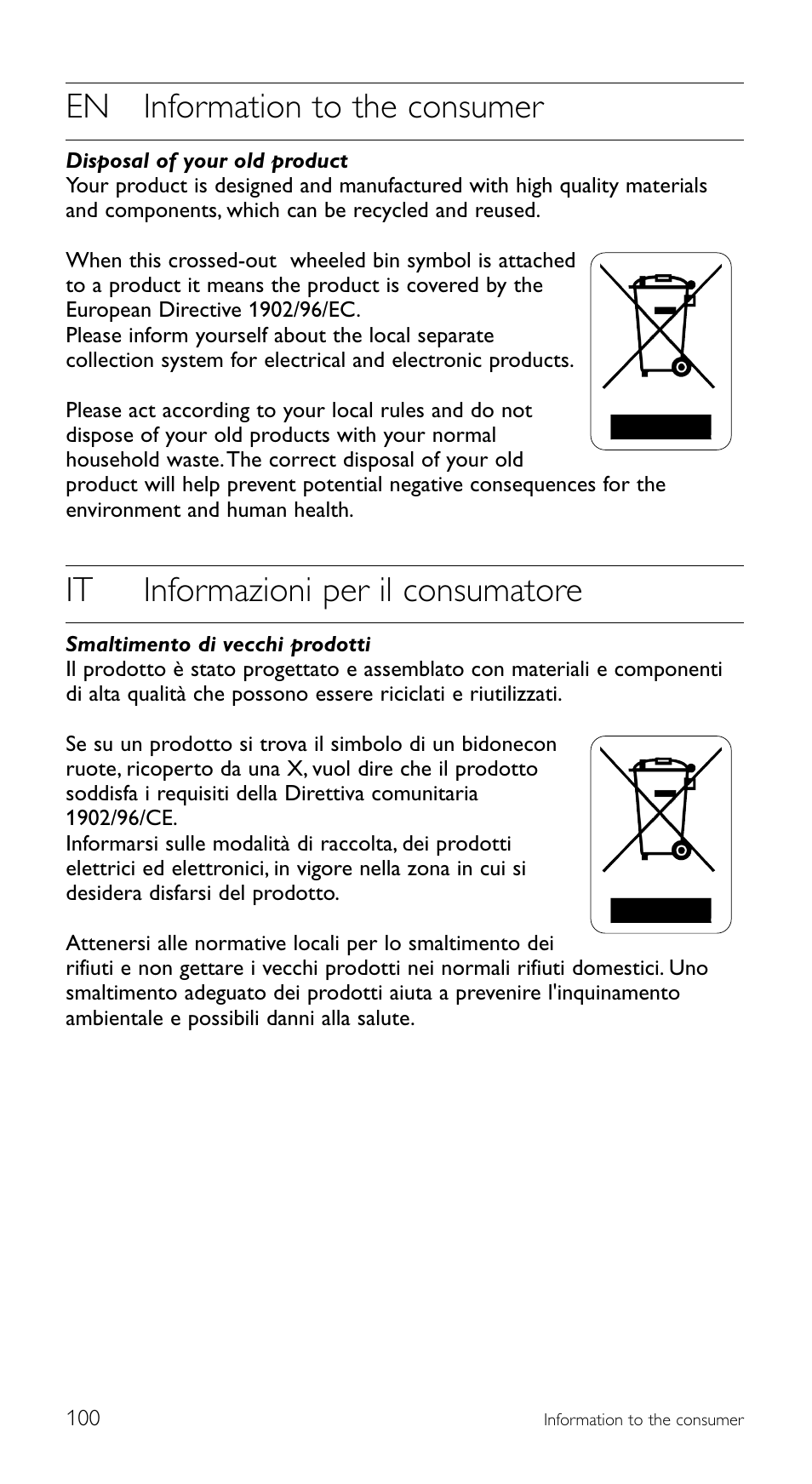 En information to the consumer, It informazioni per il consumatore | Philips SRU5120 User Manual | Page 100 / 104