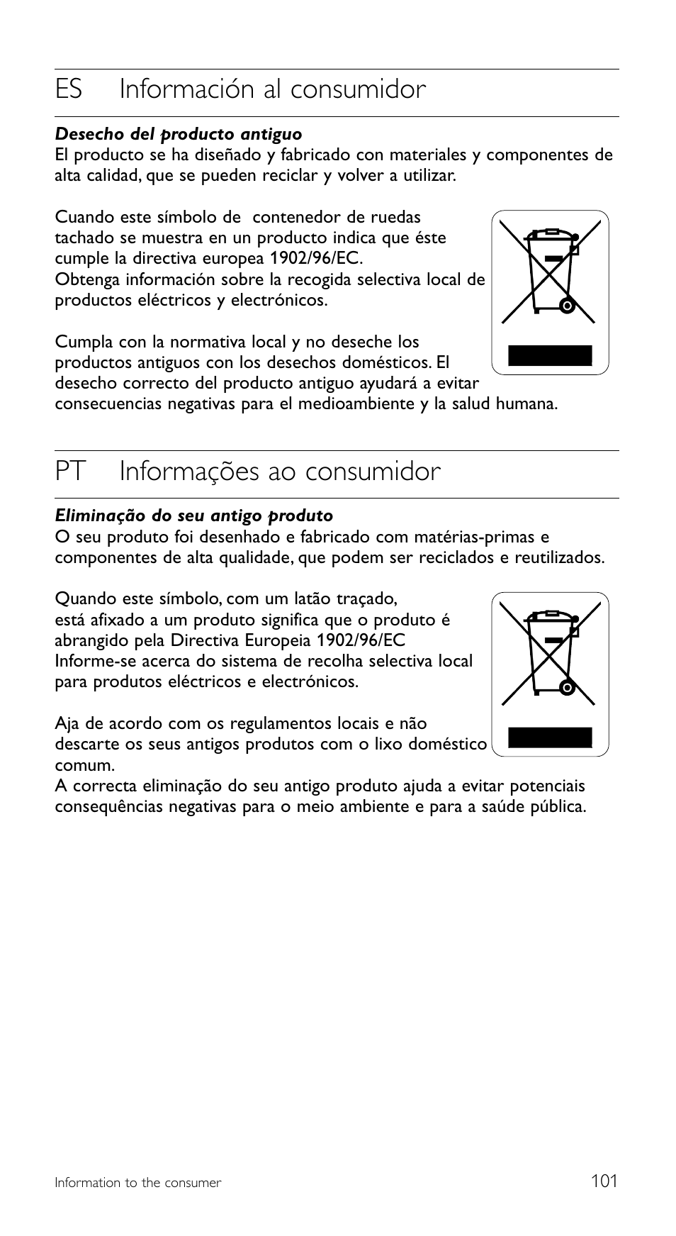 Es información al consumidor, Pt informações ao consumidor | Philips SRU5120 User Manual | Page 101 / 104