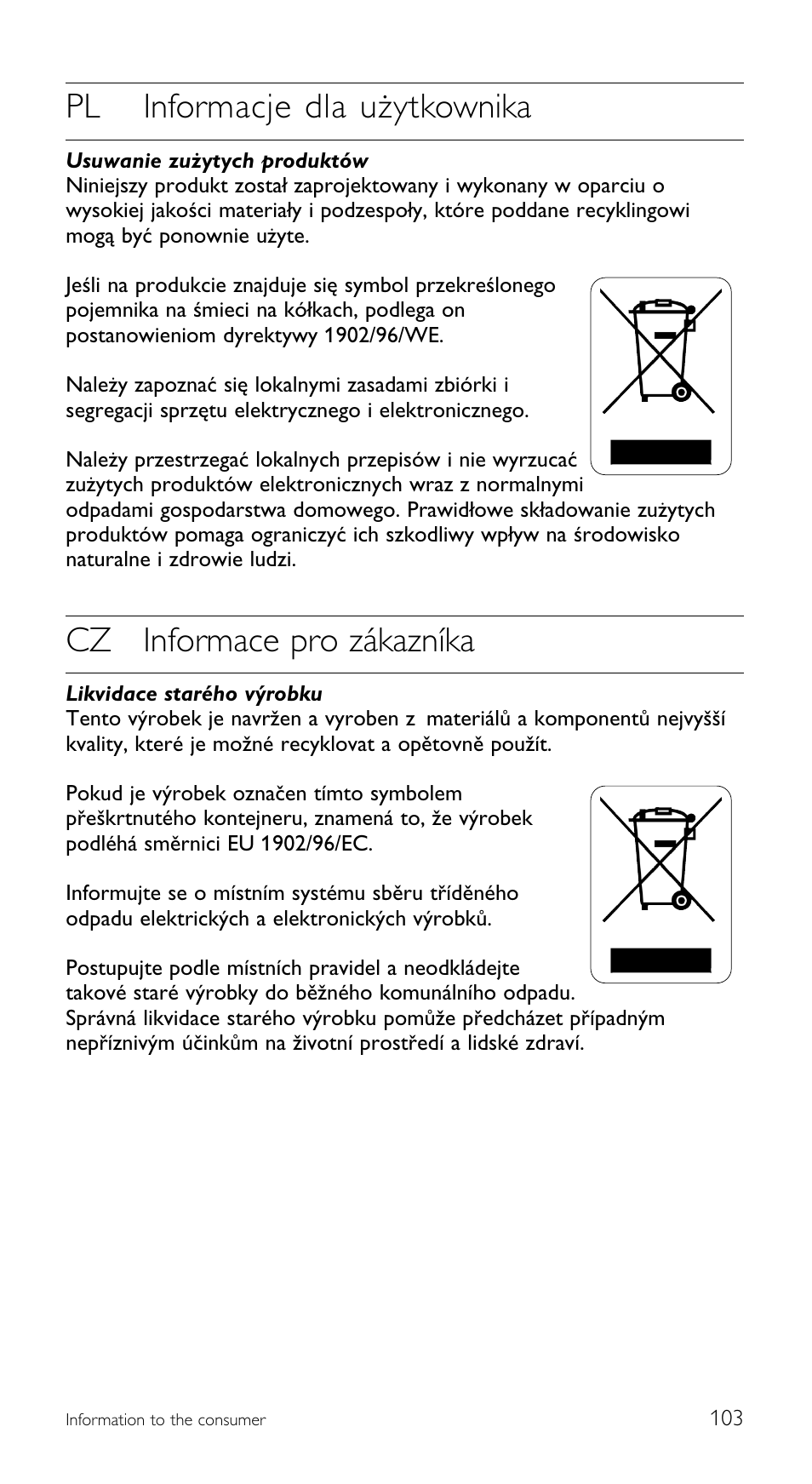 Pl informacje dla użytkownika, Cz informace pro zákazníka | Philips SRU5120 User Manual | Page 103 / 104