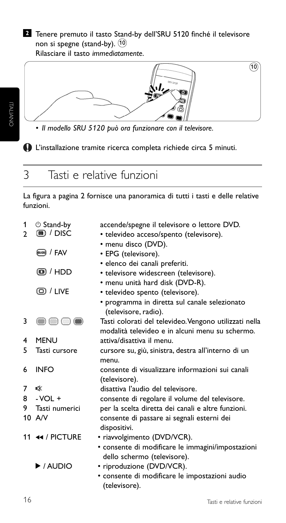 3tasti e relative funzioni | Philips SRU5120 User Manual | Page 16 / 104