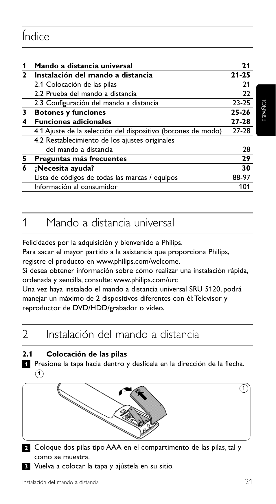 Índice, 1mando a distancia universal, 2instalación del mando a distancia | Philips SRU5120 User Manual | Page 21 / 104