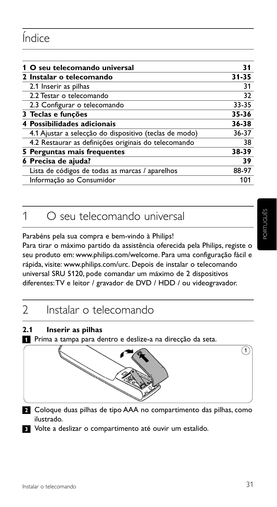 Índice, 1o seu telecomando universal, 2instalar o telecomando | Philips SRU5120 User Manual | Page 31 / 104
