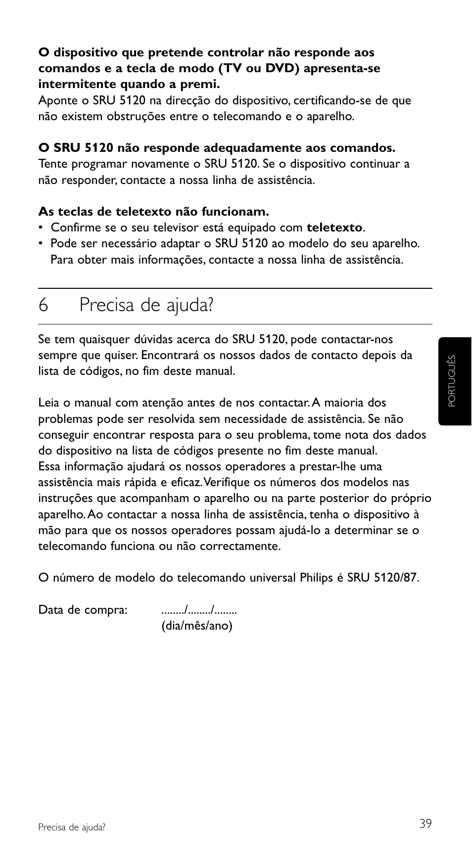 6precisa de ajuda | Philips SRU5120 User Manual | Page 39 / 104