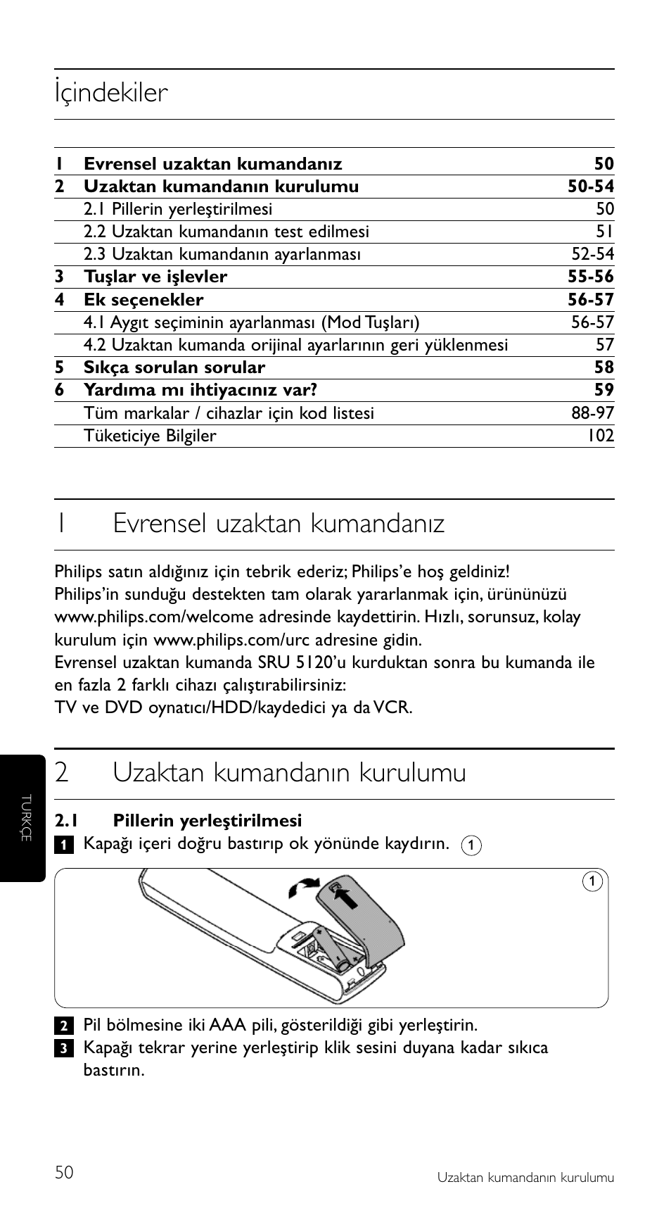 Içindekiler, 1evrensel uzaktan kumandanız, 2uzaktan kumandanın kurulumu | Philips SRU5120 User Manual | Page 50 / 104