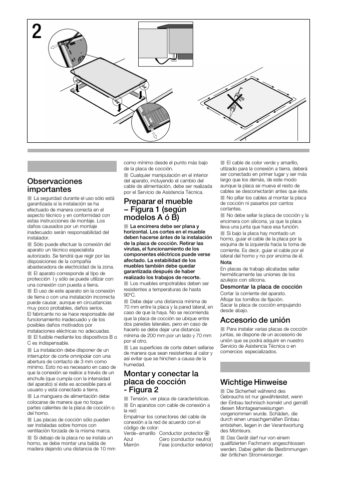 Observaciones importantes, Montar y conectar la placa de cocción ć figura 2, Accesorio de unión | Wichtige hinweise | Bosch PKF375V14E User Manual | Page 2 / 10