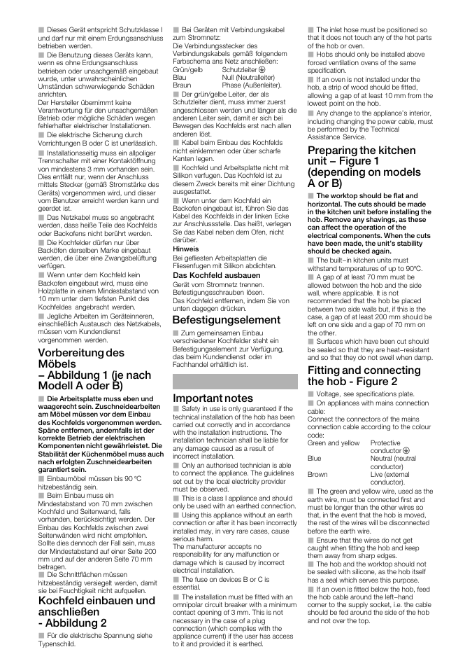 Kochfeld einbauen und anschließen ć abbildung 2, Fitting and connecting the hob ć figure 2, Йсйлнбцмецлйдйгйен | Bosch PKF375V14E User Manual | Page 3 / 10