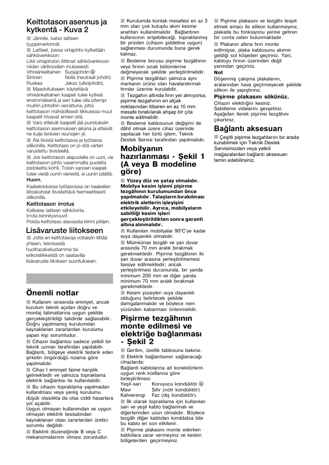 Keittotason asennus ja kytkentä ć kuva 2, Önemli notlar, Bağlantı aksesuarı | Iбл®о~кмлнй=дббнзвлййе | Bosch PKF375V14E User Manual | Page 9 / 10