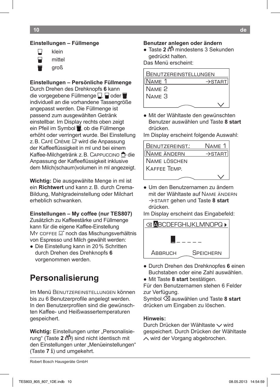 Personalisierung | Bosch TES80751DE VeroSelection 700 Kaffeevollautomat Edelstahl User Manual | Page 14 / 116