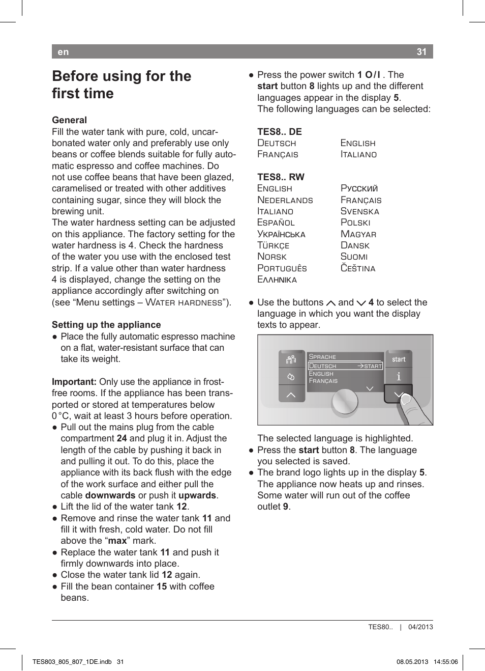 Before using for the fi rst time | Bosch TES80751DE VeroSelection 700 Kaffeevollautomat Edelstahl User Manual | Page 35 / 116