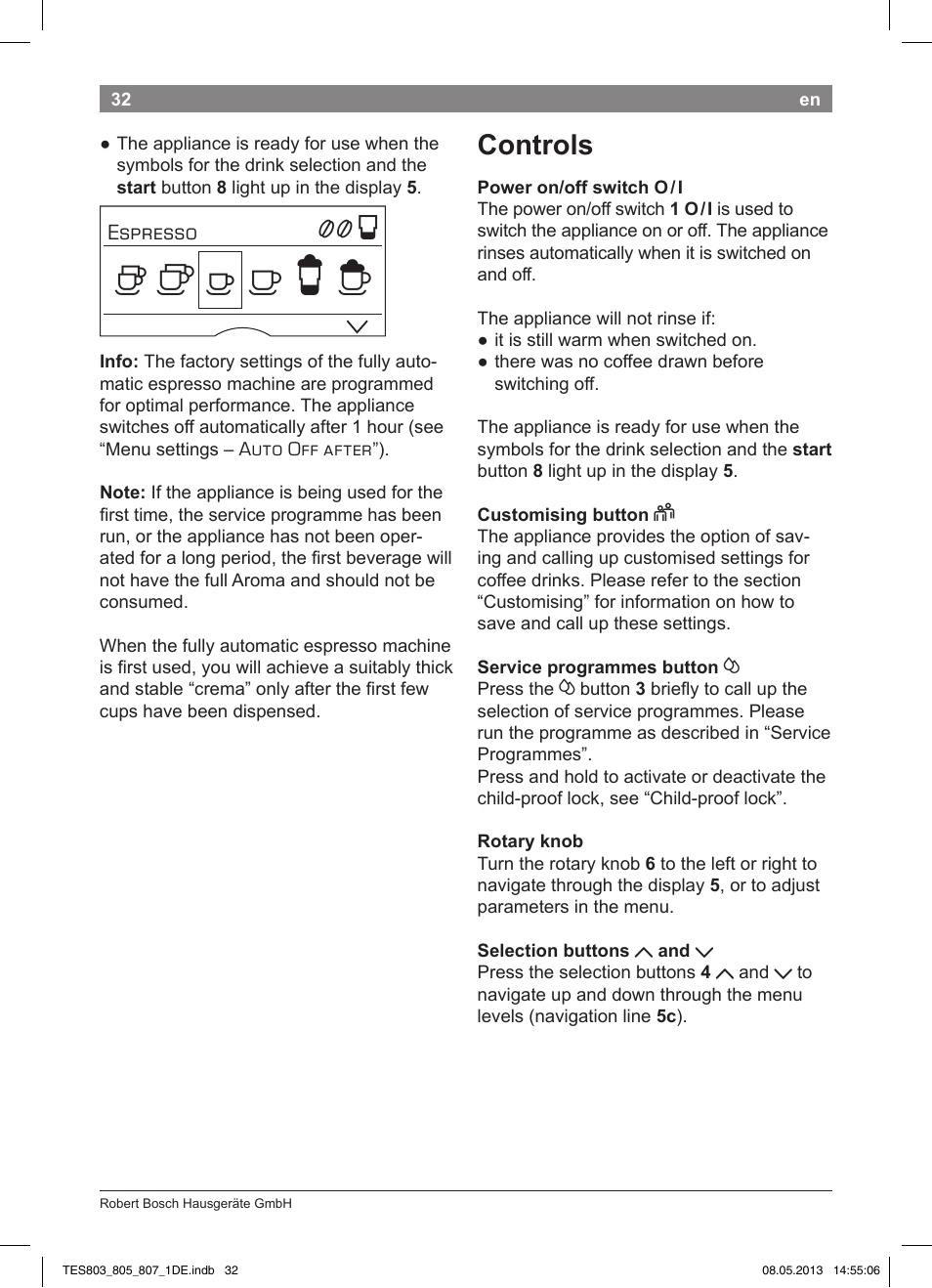 Controls | Bosch TES80751DE VeroSelection 700 Kaffeevollautomat Edelstahl User Manual | Page 36 / 116