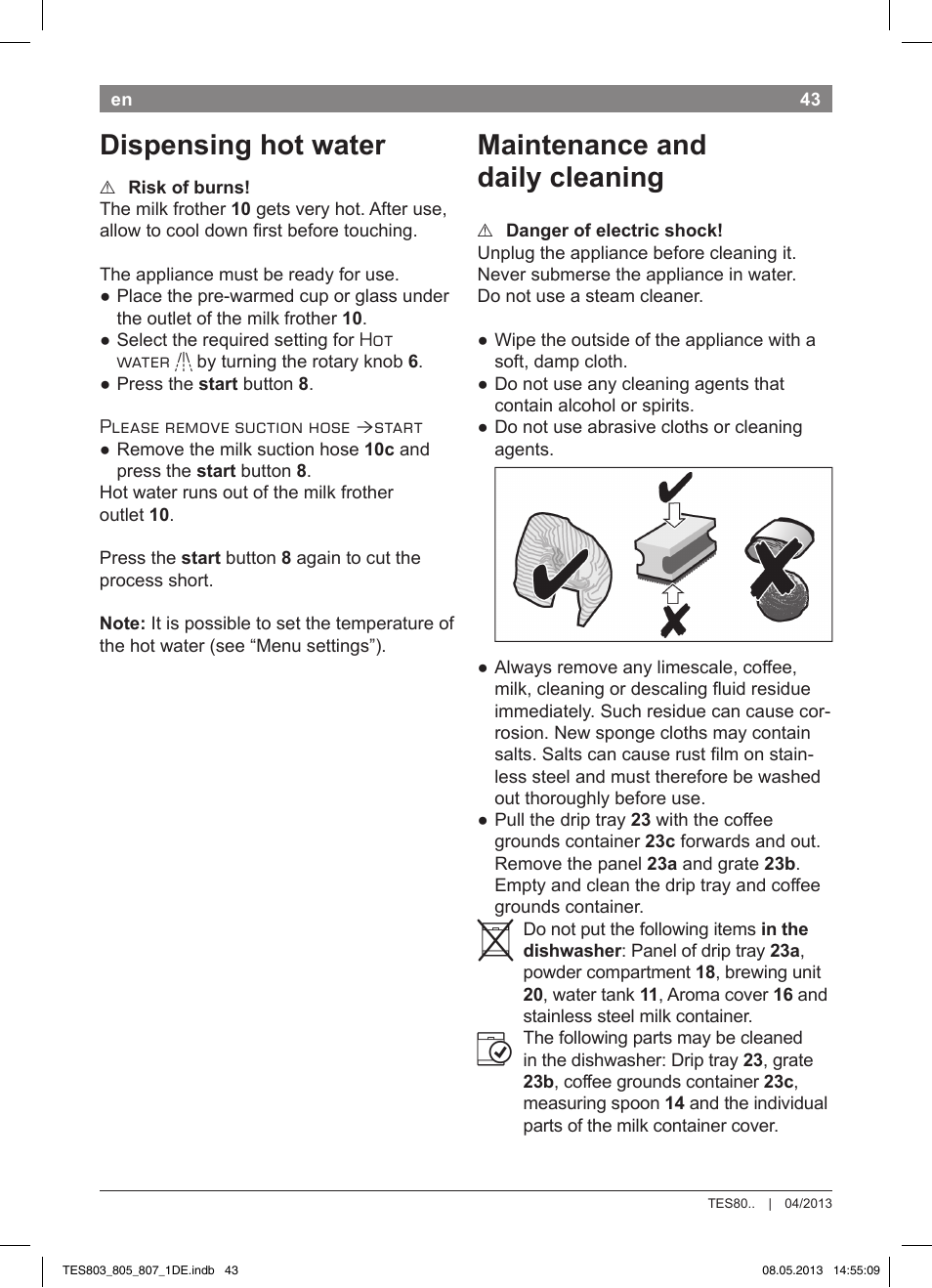 Dispensing hot water, Maintenance and daily cleaning | Bosch TES80751DE VeroSelection 700 Kaffeevollautomat Edelstahl User Manual | Page 47 / 116